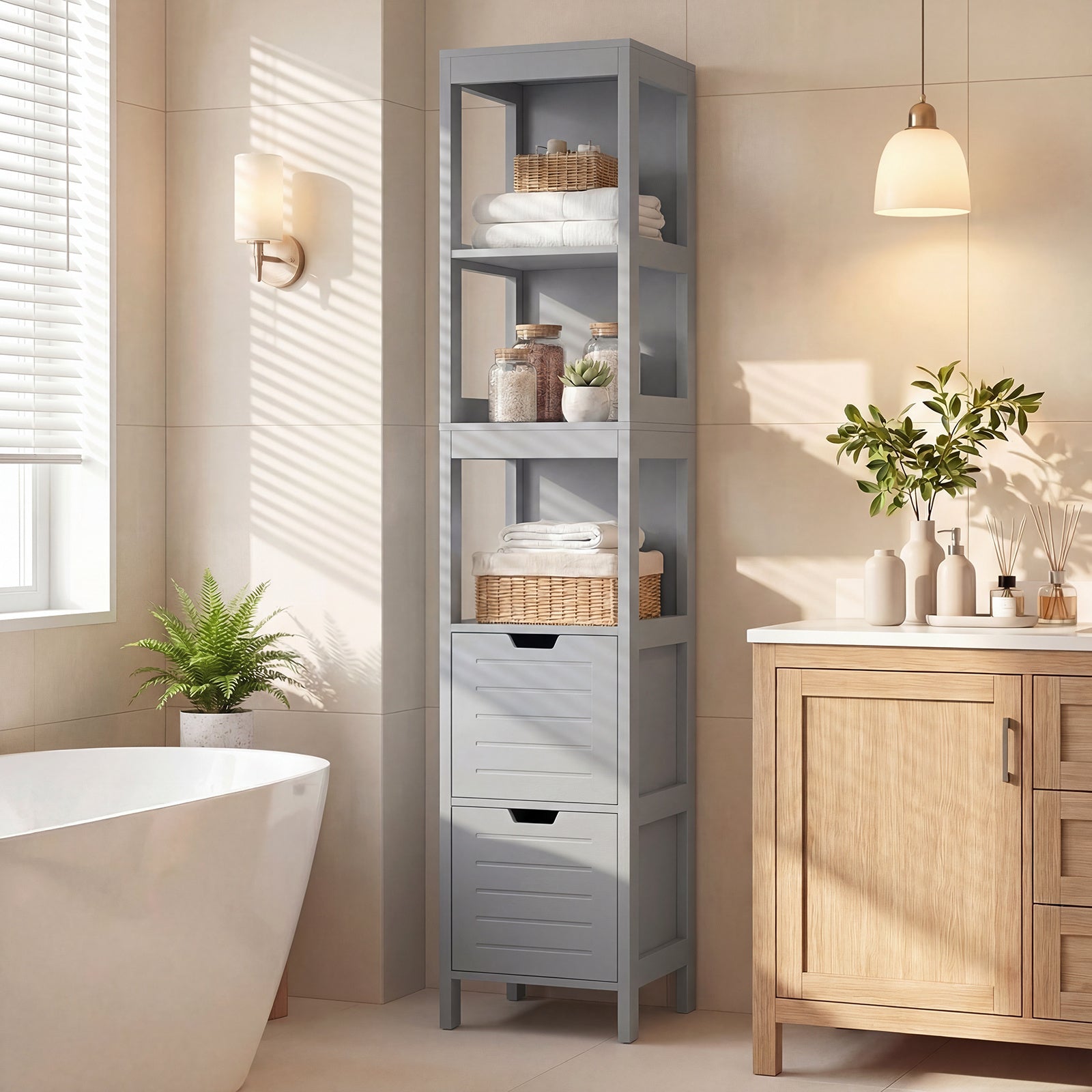 Tall Bath Storage Unit with 2 Deep Box Drawers-Grey