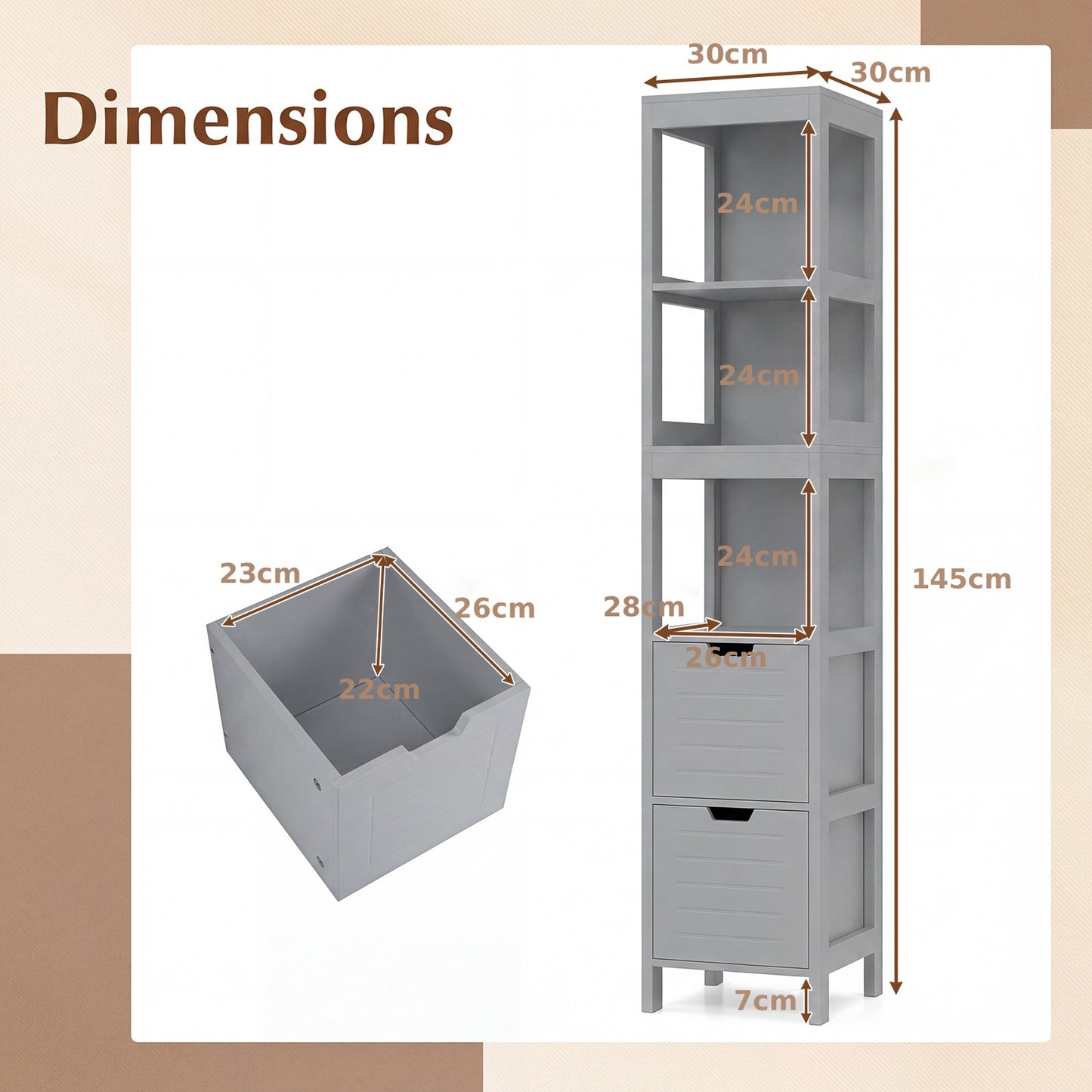 Tall Bath Storage Unit with 2 Deep Box Drawers-Grey