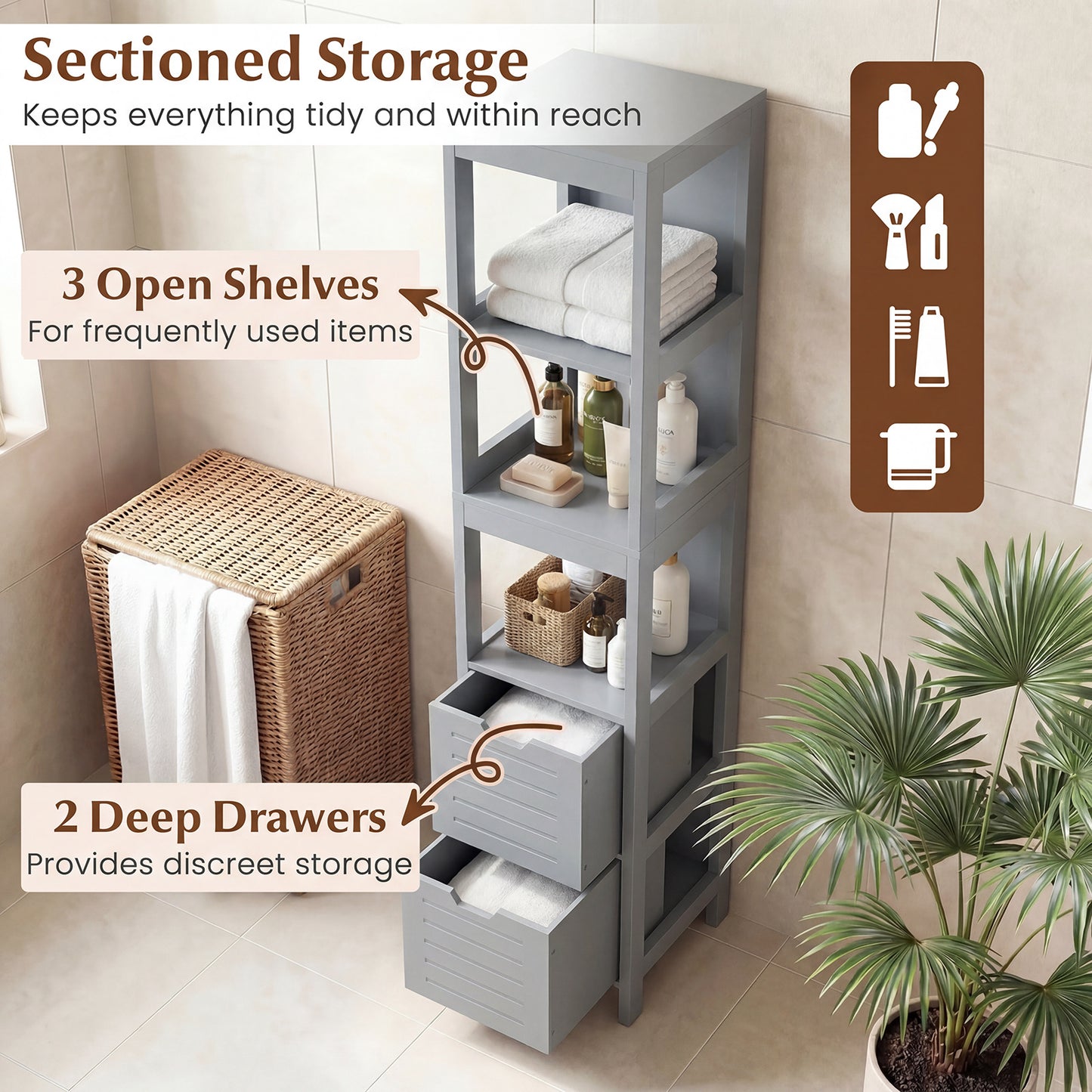 Tall Bath Storage Unit with 2 Deep Box Drawers-Grey
