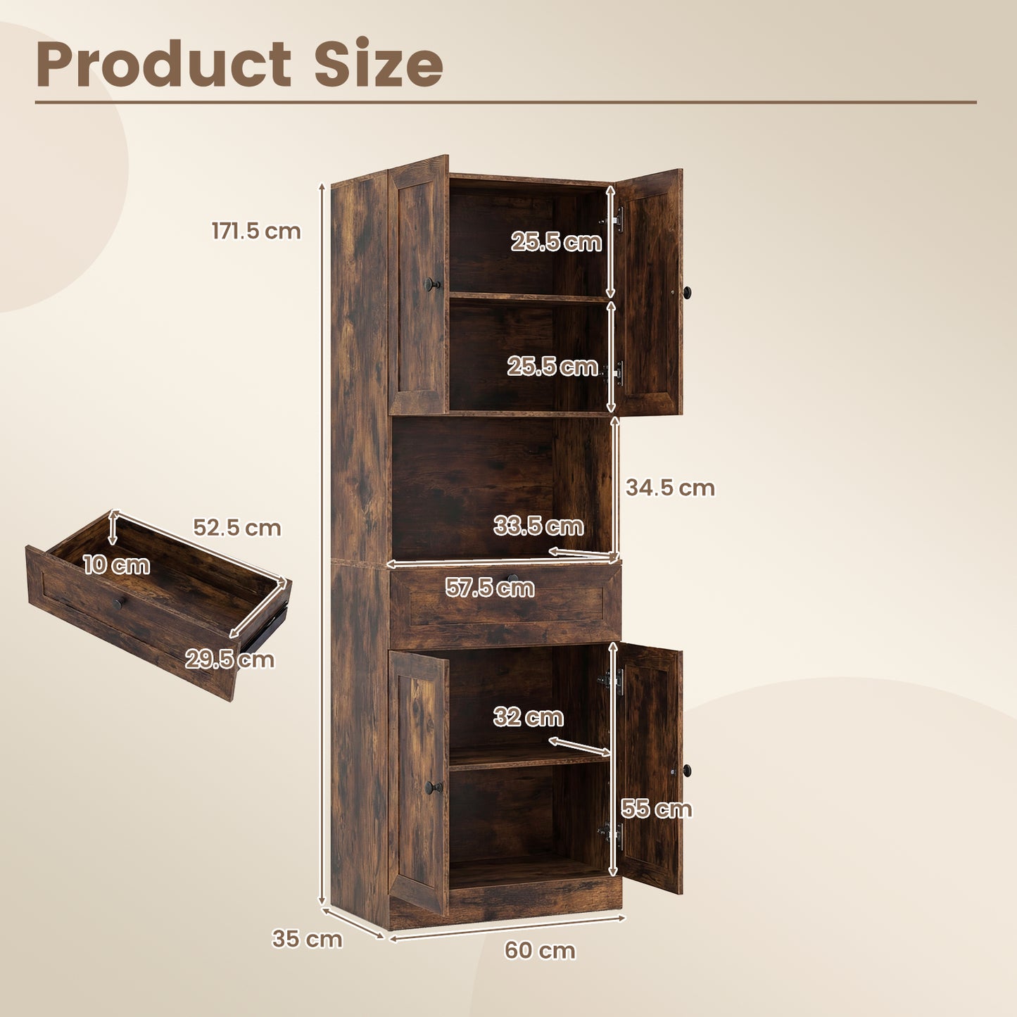 Tall Bathroom Cabinet Freestanding Storage Cabinet with 4 Doors and 1 Drawer-Brown