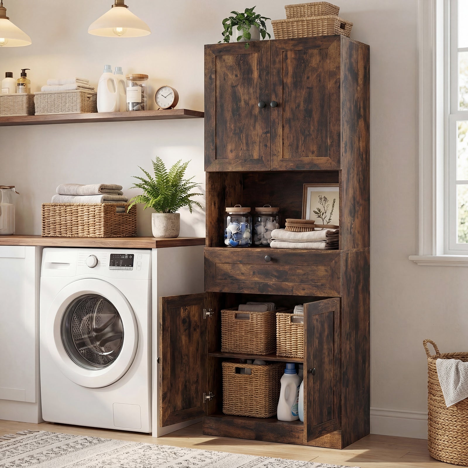 Tall Bathroom Cabinet Freestanding Storage Cabinet with 4 Doors and 1 Drawer-Brown