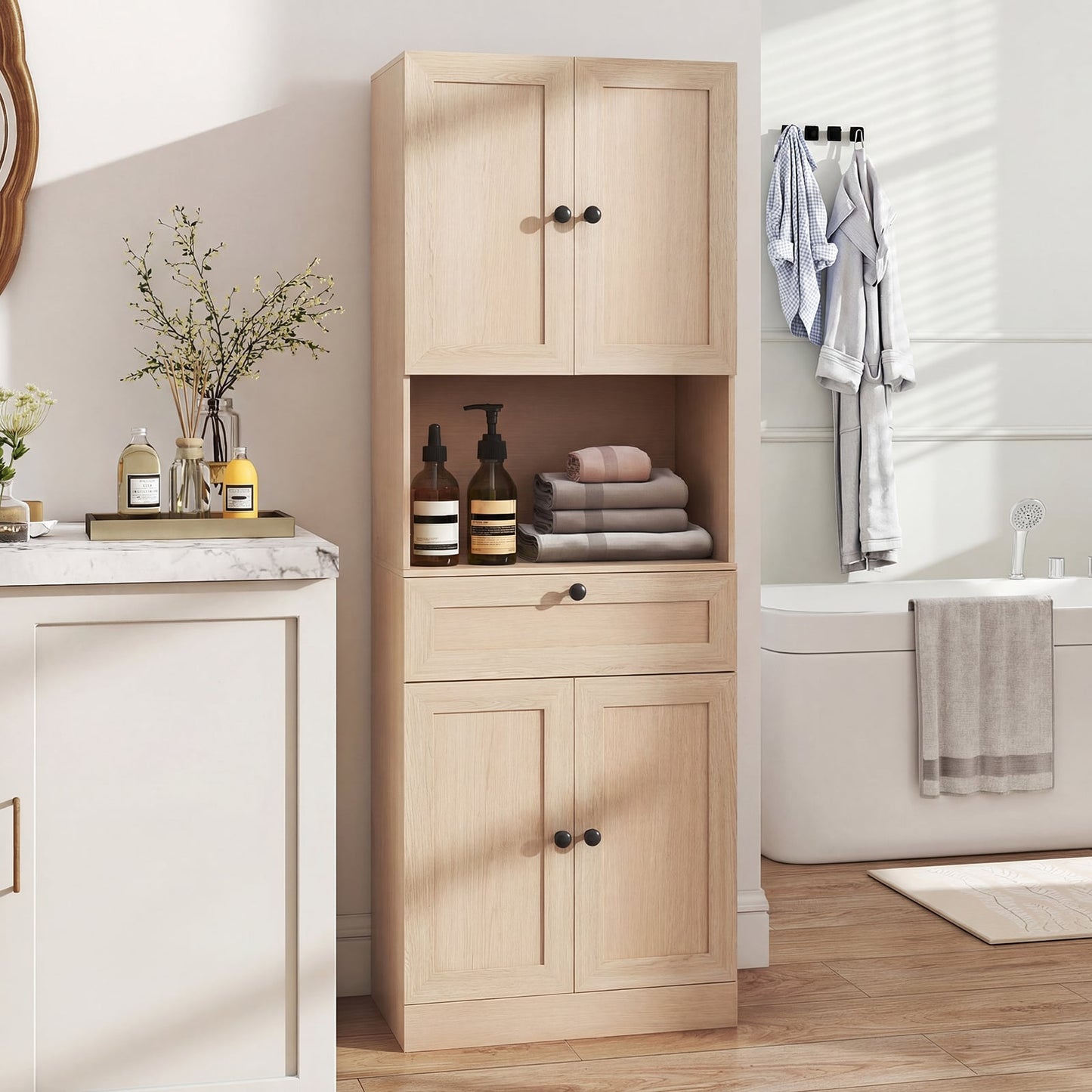 Tall Bathroom Cabinet Freestanding Storage Cabinet with 4 Doors and 1 Drawer-Natural