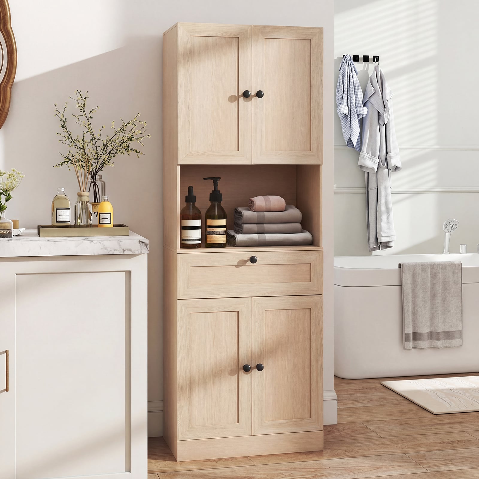 Tall Bathroom Cabinet Freestanding Storage Cabinet with 4 Doors and 1 Drawer-Natural