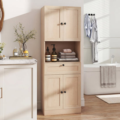 Tall Bathroom Cabinet Freestanding Storage Cabinet with 4 Doors and 1 Drawer-Natural