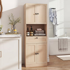 Tall Bathroom Cabinet Freestanding Storage Cabinet with 4 Doors and 1 Drawer-Natural