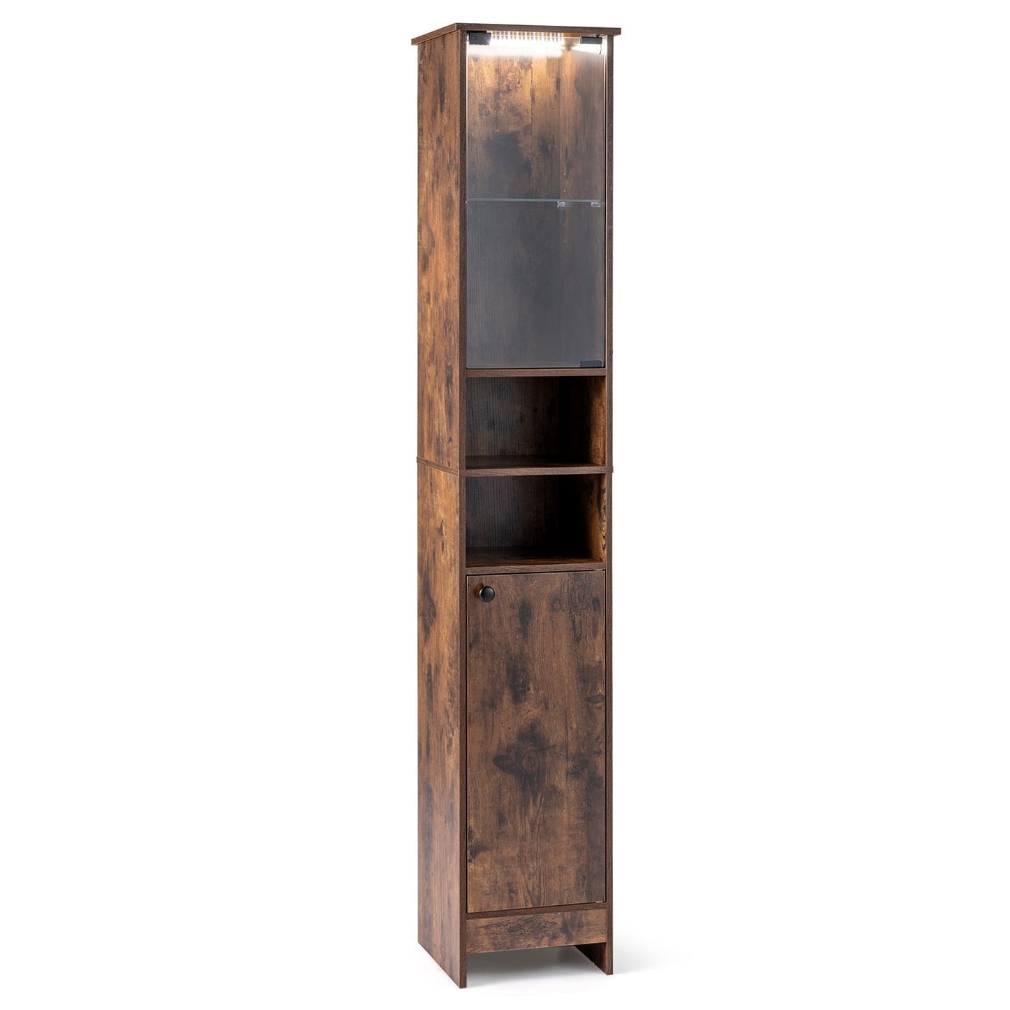 Tall Bathroom Cabinet with Lights Remote Control Open Shelves and Adjustable Shelves-Rustic Brown