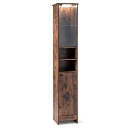Tall Bathroom Cabinet with Lights Remote Control Open Shelves and Adjustable Shelves-Rustic Brown