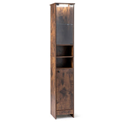 Tall Bathroom Cabinet with Lights Remote Control Open Shelves and Adjustable Shelves-Rustic Brown