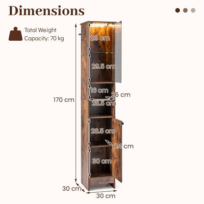 Tall Bathroom Cabinet with Lights Remote Control Open Shelves and Adjustable Shelves-Rustic Brown