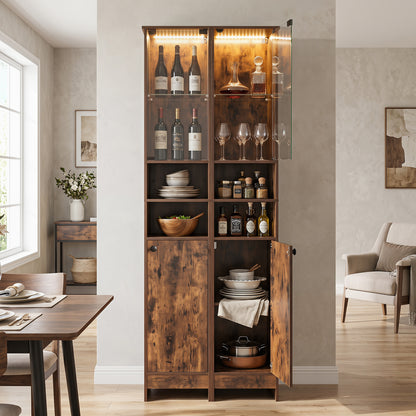 Tall Bathroom Cabinet with Lights Remote Control Open Shelves and Adjustable Shelves-Rustic Brown