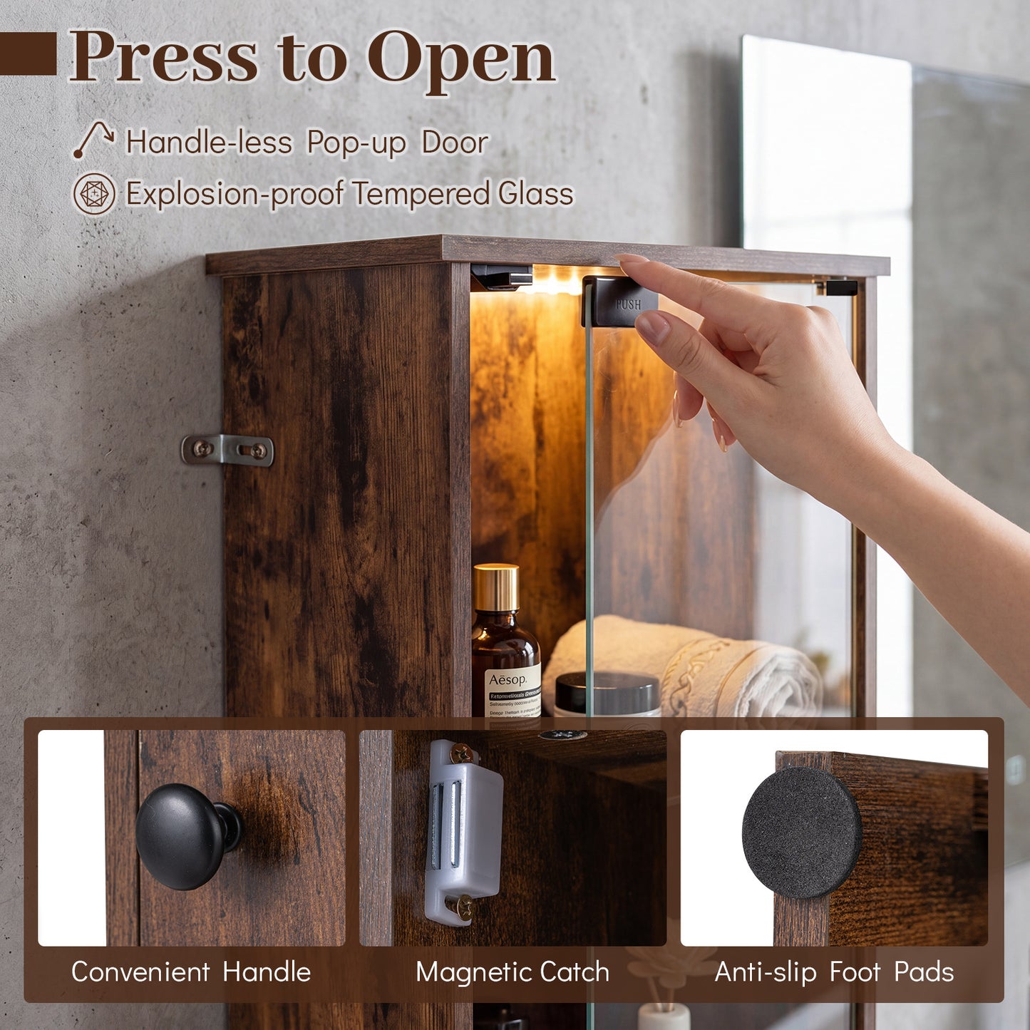 Tall Bathroom Cabinet with Lights Remote Control Open Shelves and Adjustable Shelves-Rustic Brown