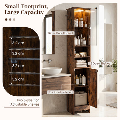 Tall Bathroom Cabinet with Lights Remote Control Open Shelves and Adjustable Shelves-Rustic Brown