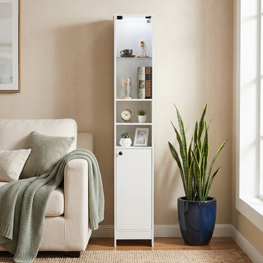 Tall Bathroom Cabinet with Lights Remote Control Open Shelves and Adjustable Shelves-White