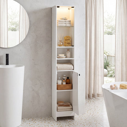 Tall Bathroom Cabinet with Lights Remote Control Open Shelves and Adjustable Shelves-White