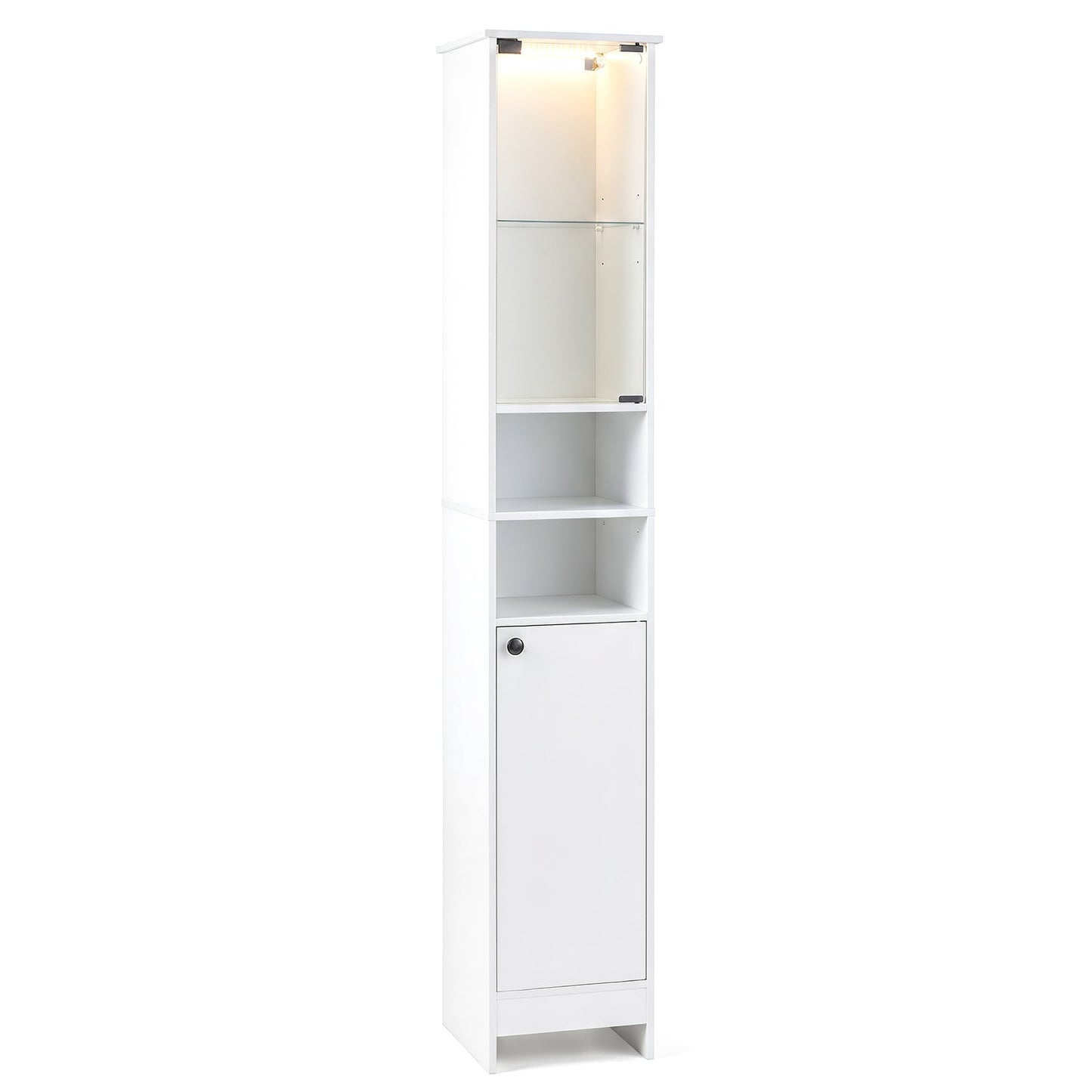 Tall Bathroom Cabinet with Lights Remote Control Open Shelves and Adjustable Shelves-White