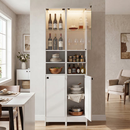 Tall Bathroom Cabinet with Lights Remote Control Open Shelves and Adjustable Shelves-White