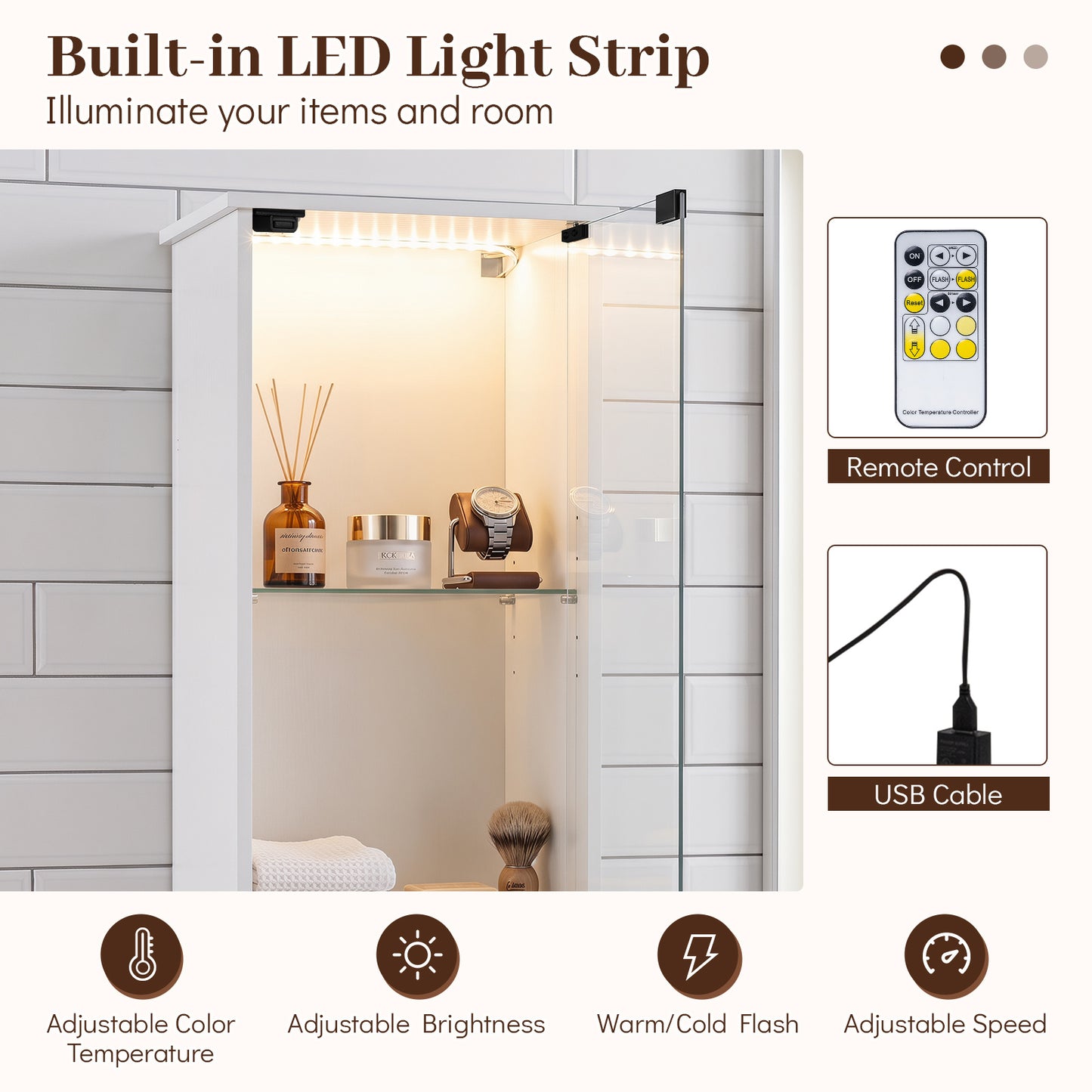 Tall Bathroom Cabinet with Lights Remote Control Open Shelves and Adjustable Shelves-White