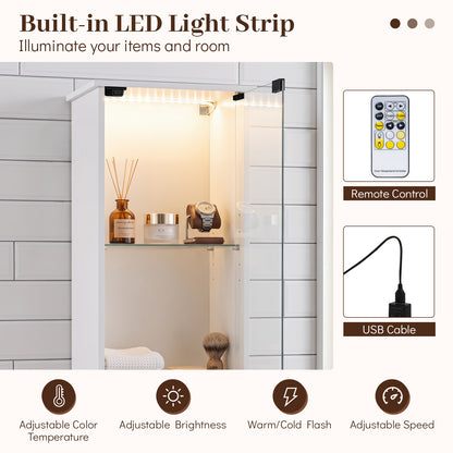 Tall Bathroom Cabinet with Lights Remote Control Open Shelves and Adjustable Shelves-White