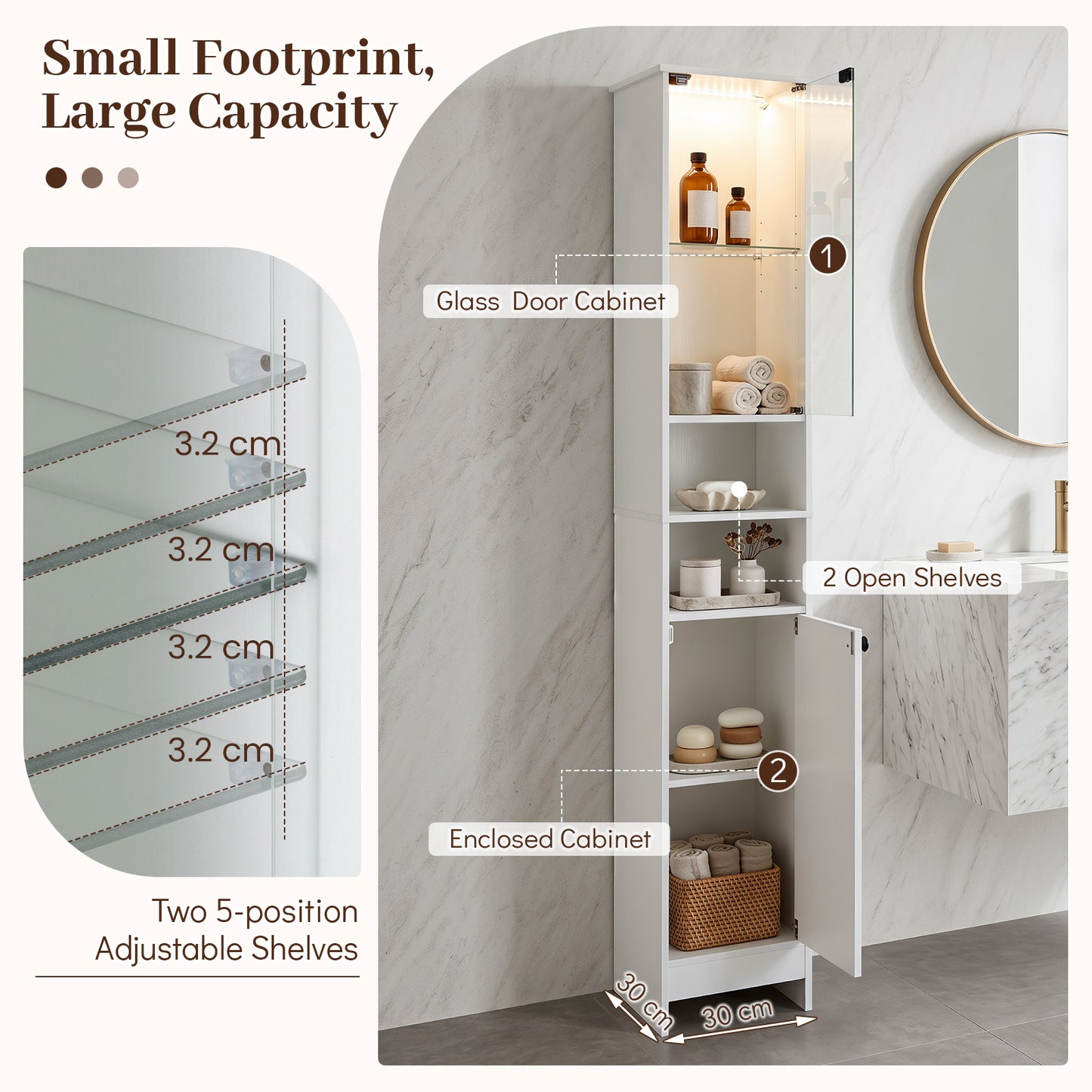 Tall Bathroom Cabinet with Lights Remote Control Open Shelves and Adjustable Shelves-White