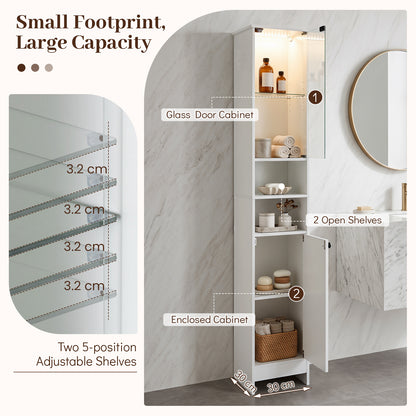 Tall Bathroom Cabinet with Lights Remote Control Open Shelves and Adjustable Shelves-White