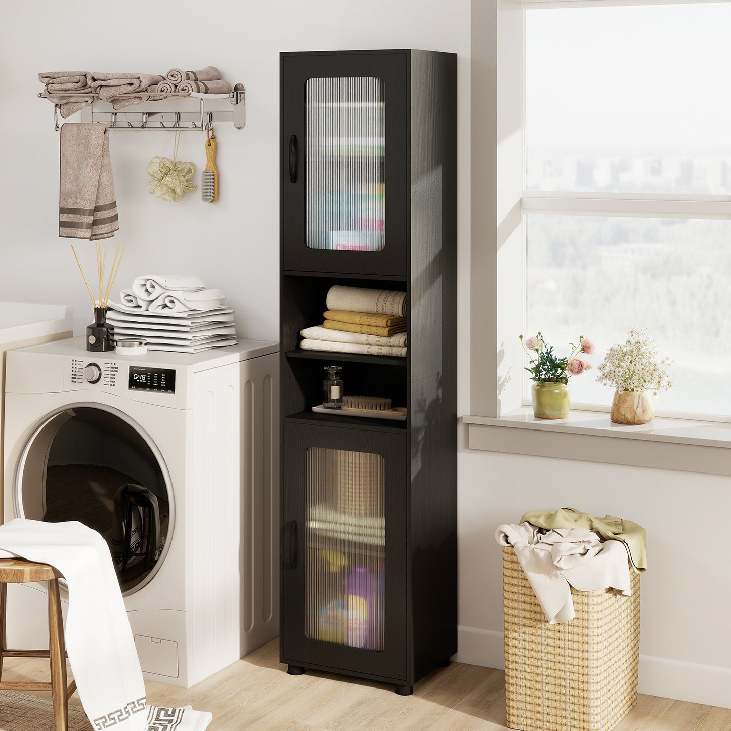 Tall Bathroom Storage Cabinet with Adjustable Shelf for Laundry-Black