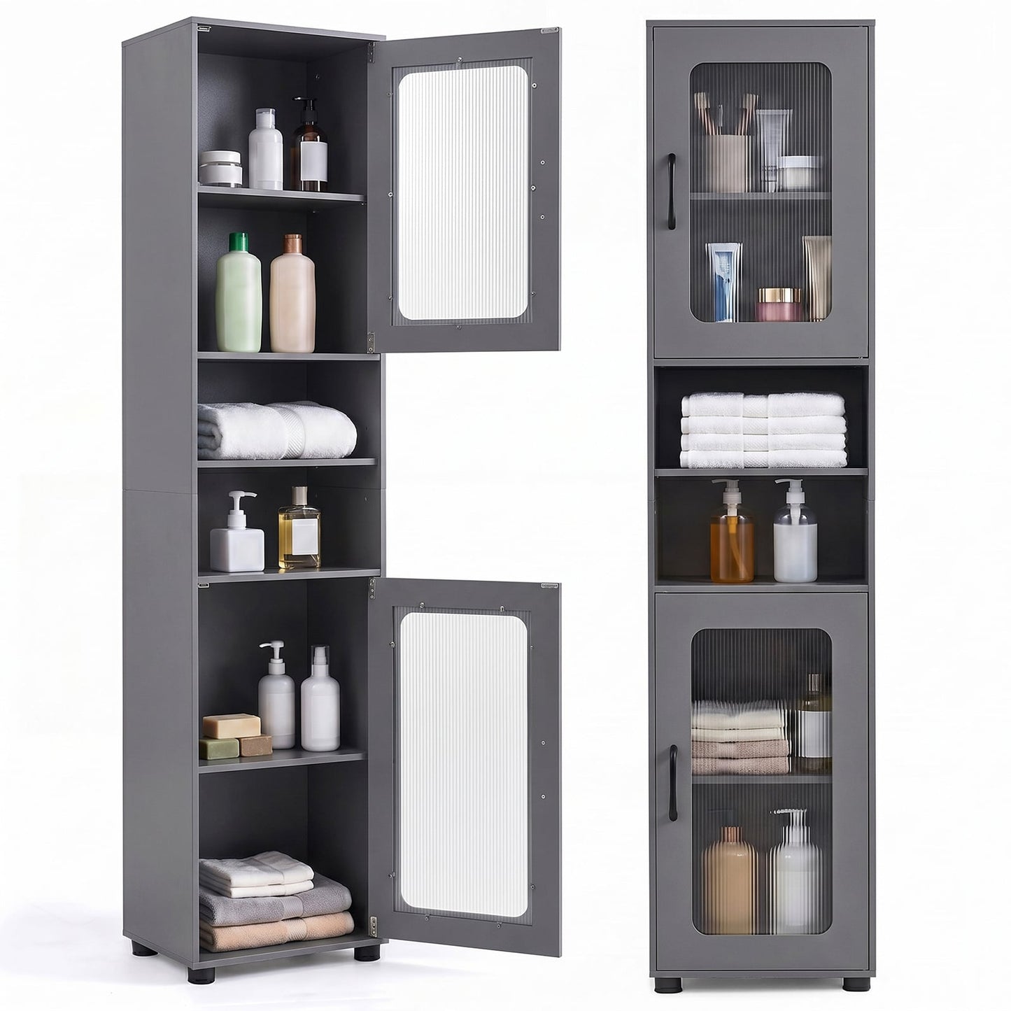 Tall Bathroom Storage Cabinet with Adjustable Shelf for Laundry-Grey