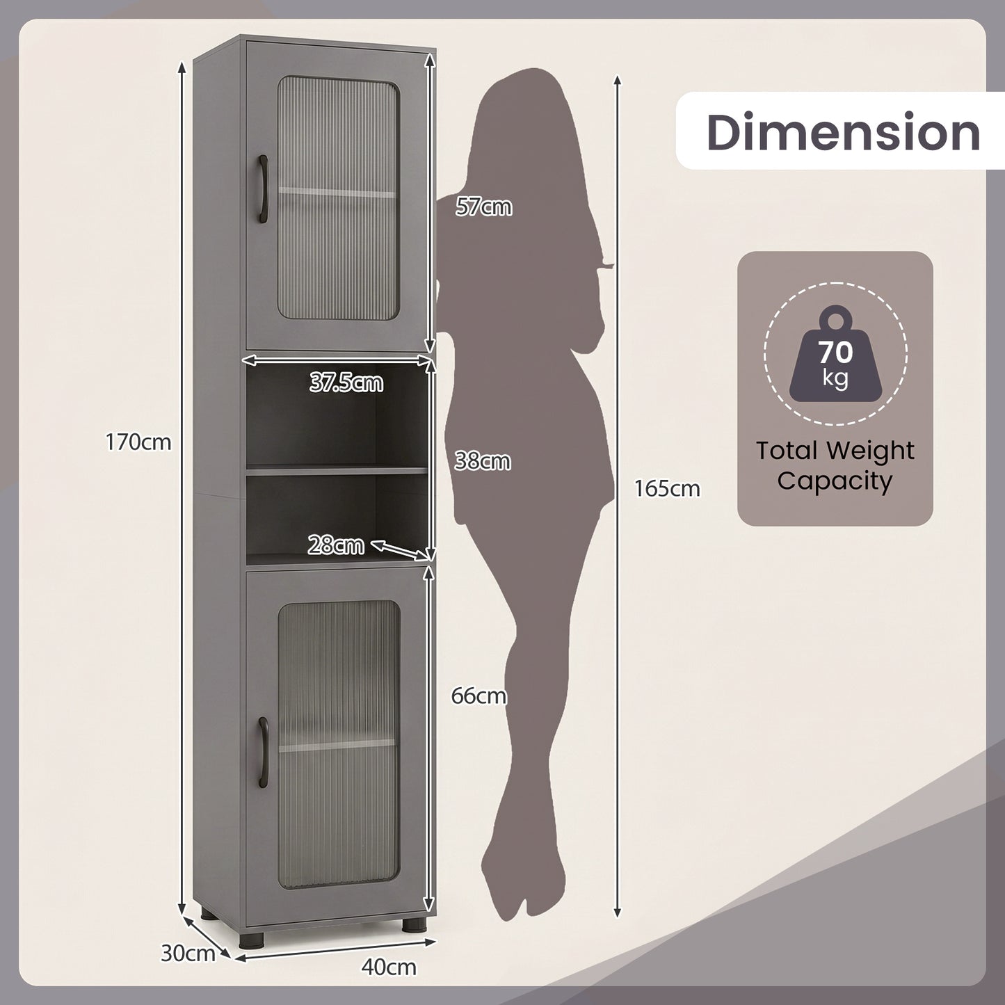 Tall Bathroom Storage Cabinet with Adjustable Shelf for Laundry-Grey
