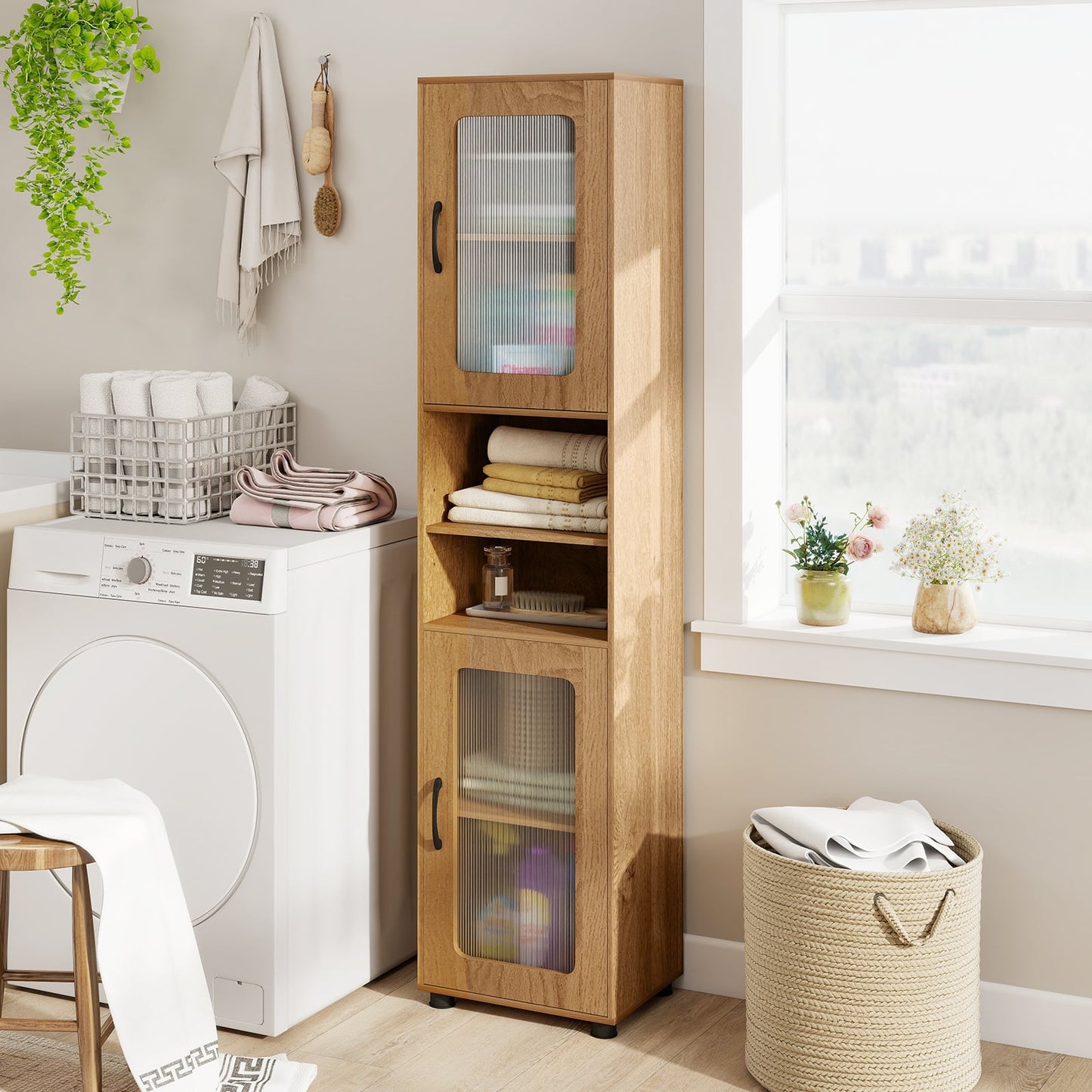 Tall Bathroom Storage Cabinet with Adjustable Shelf for Laundry-Natural
