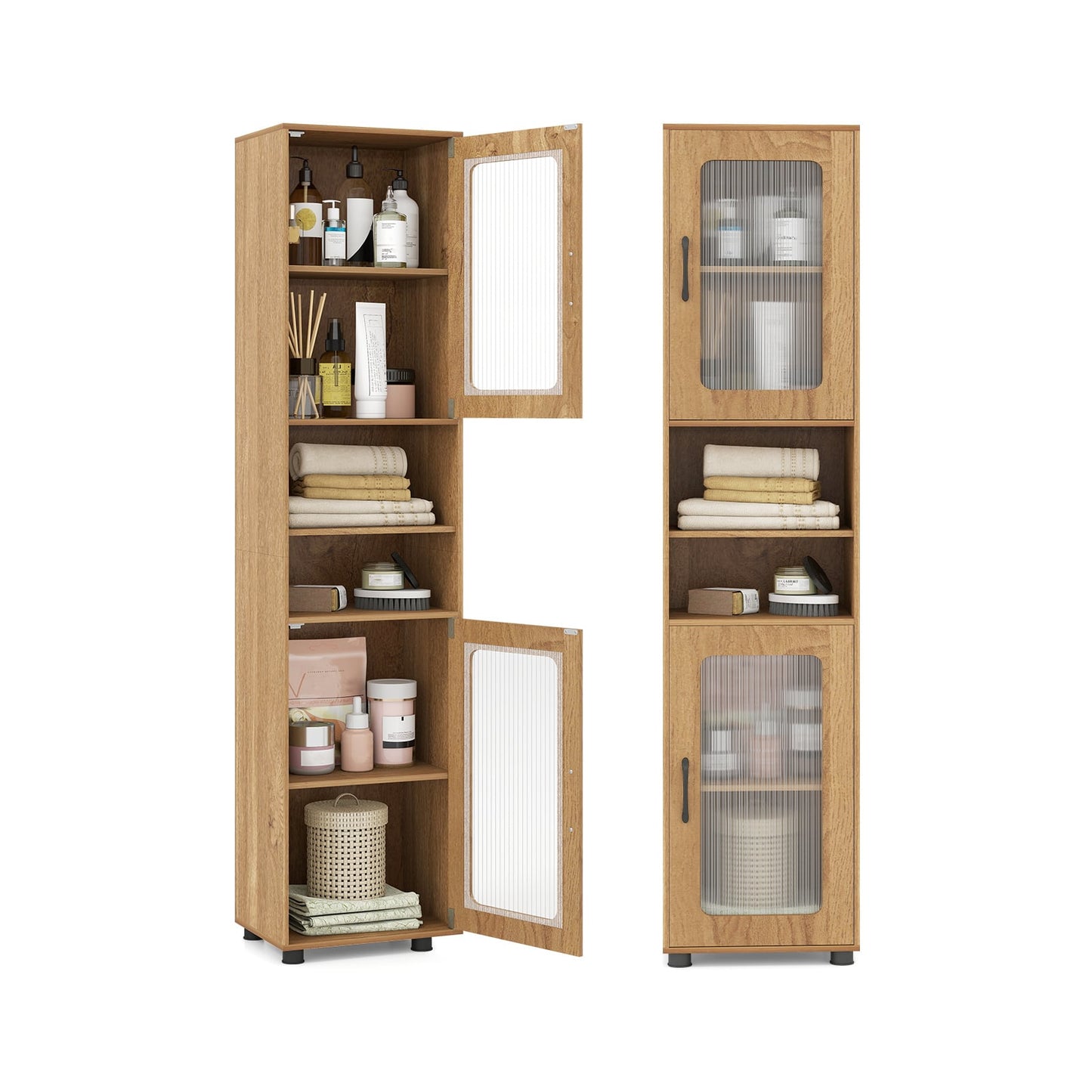 Tall Bathroom Storage Cabinet with Adjustable Shelf for Laundry-Natural