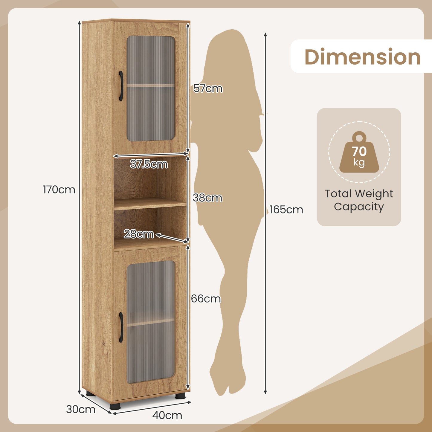 Tall Bathroom Storage Cabinet with Adjustable Shelf for Laundry-Natural