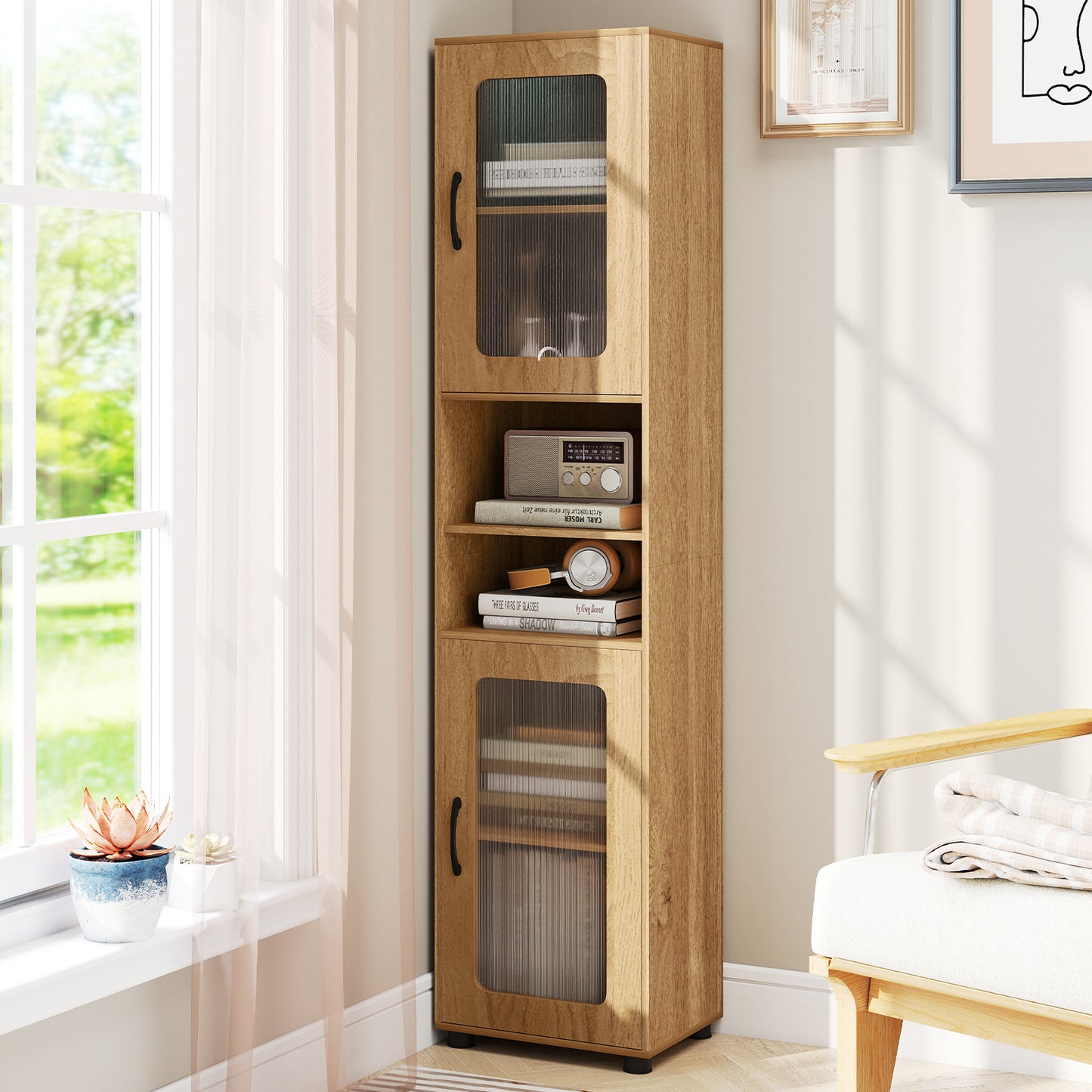 Tall Bathroom Storage Cabinet with Adjustable Shelf for Laundry-Natural