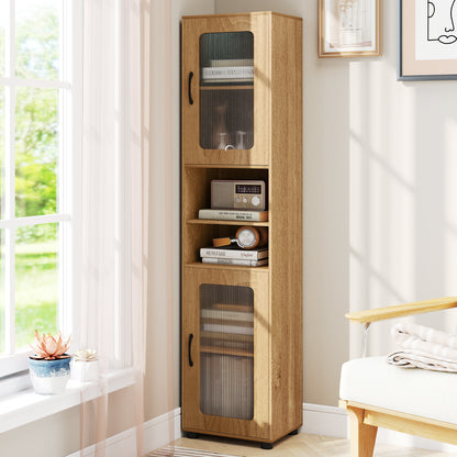Tall Bathroom Storage Cabinet with Adjustable Shelf for Laundry-Natural