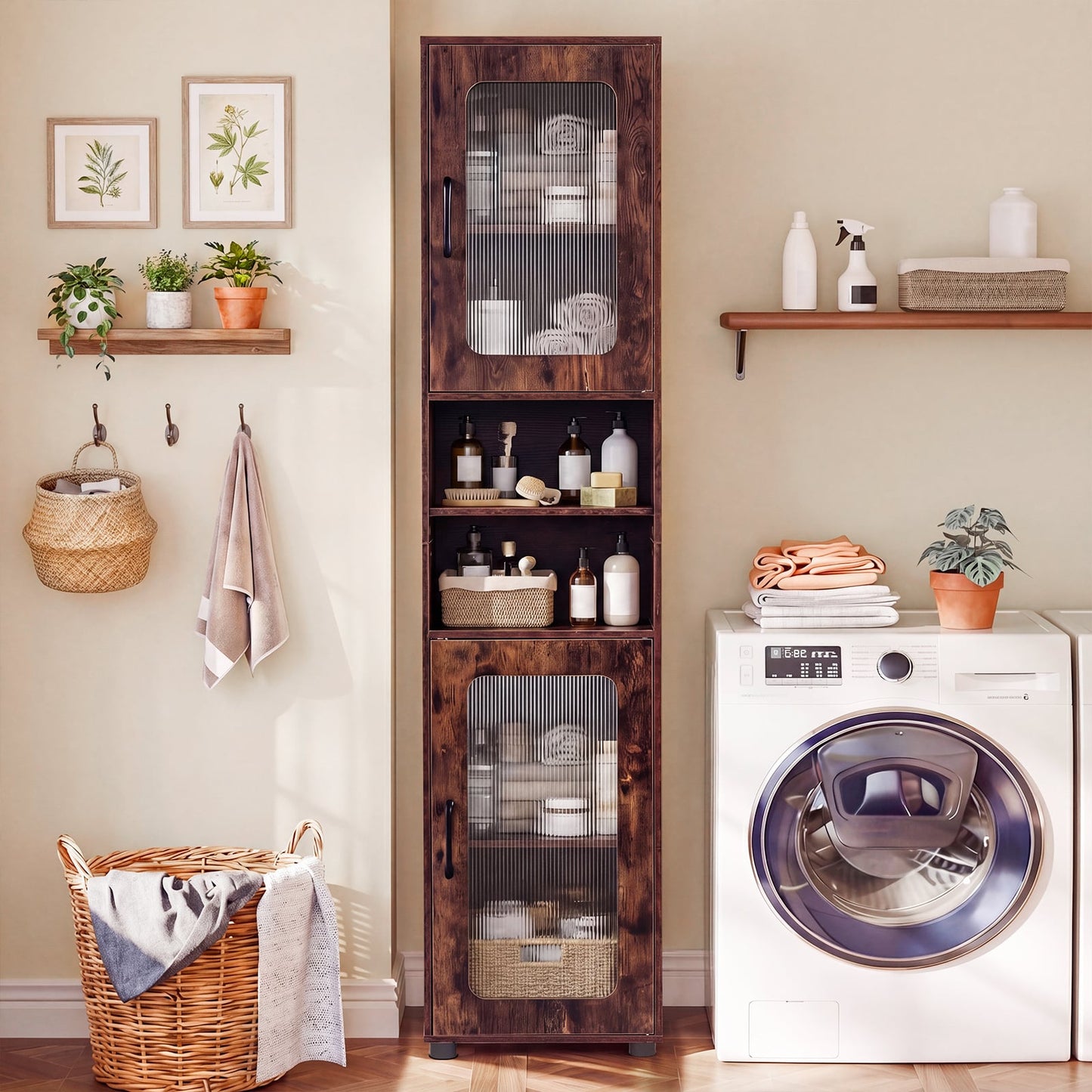 Tall Bathroom Storage Cabinet with Adjustable Shelf for Laundry-Rusticbrown