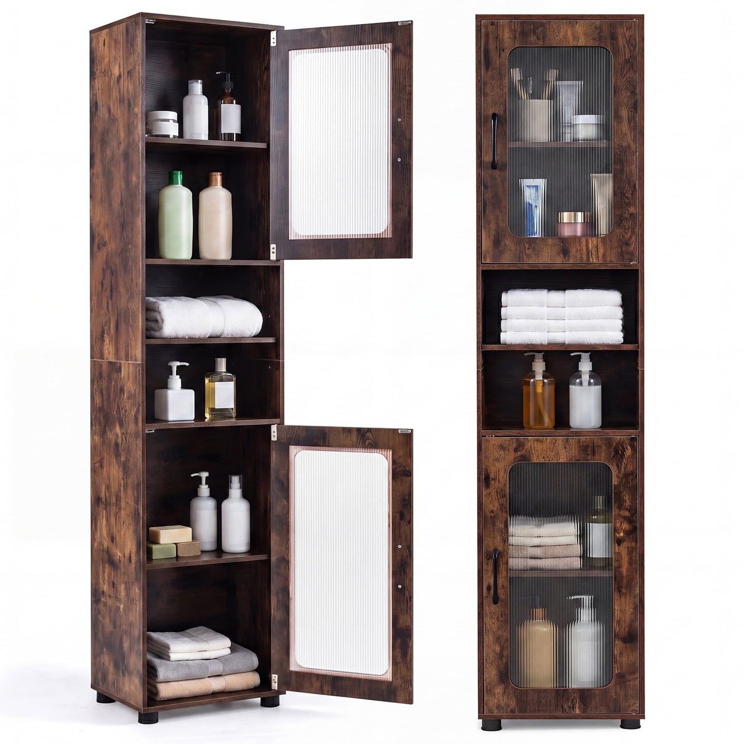 Tall Bathroom Storage Cabinet with Adjustable Shelf for Laundry-Rusticbrown