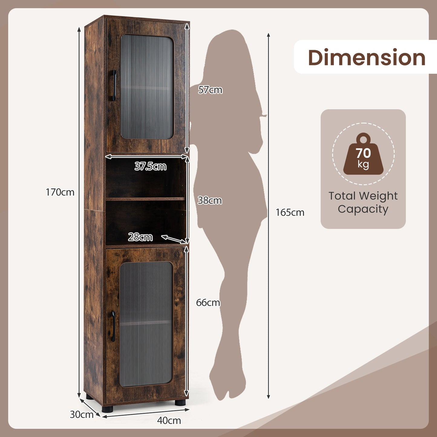 Tall Bathroom Storage Cabinet with Adjustable Shelf for Laundry-Rusticbrown