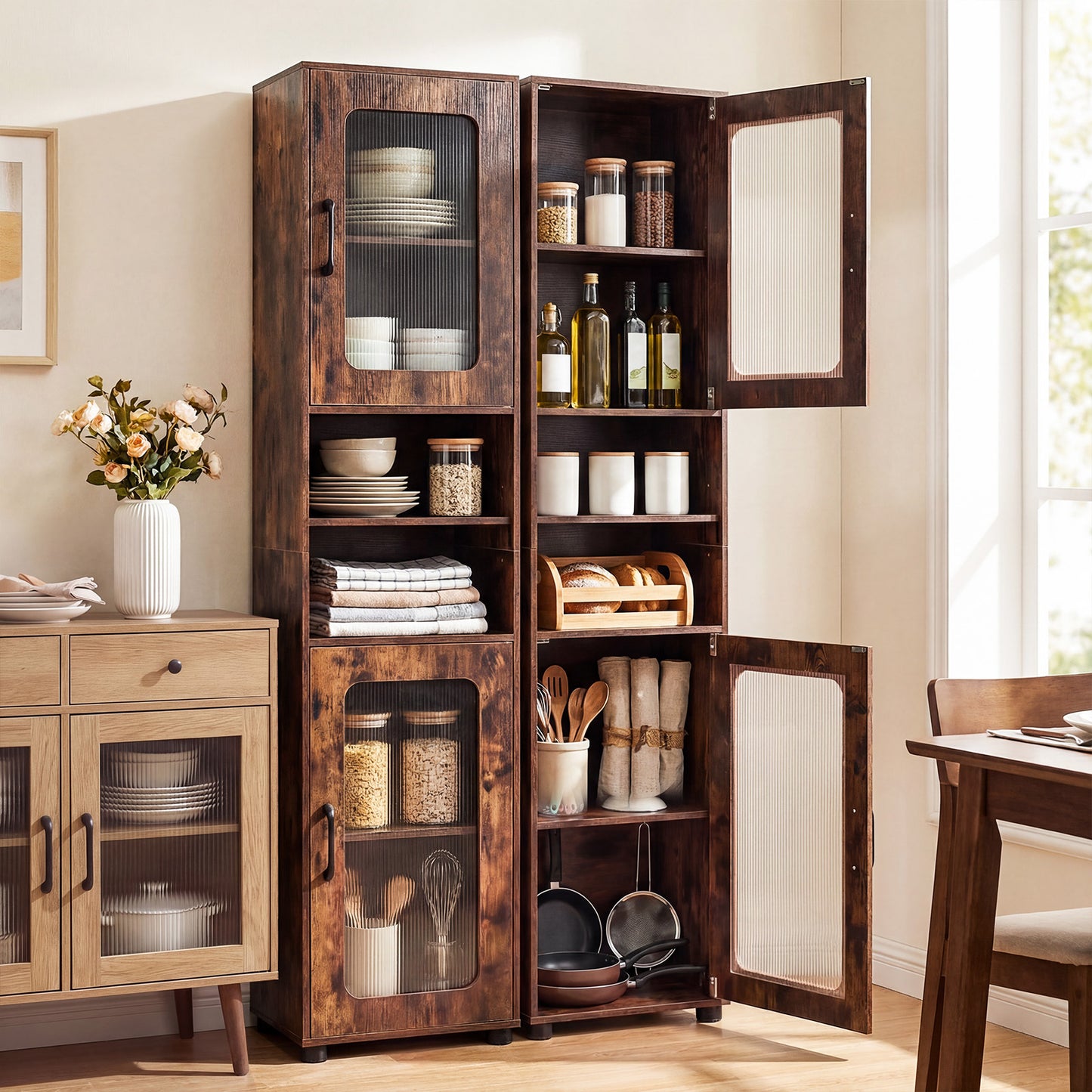 Tall Bathroom Storage Cabinet with Adjustable Shelf for Laundry-Rusticbrown