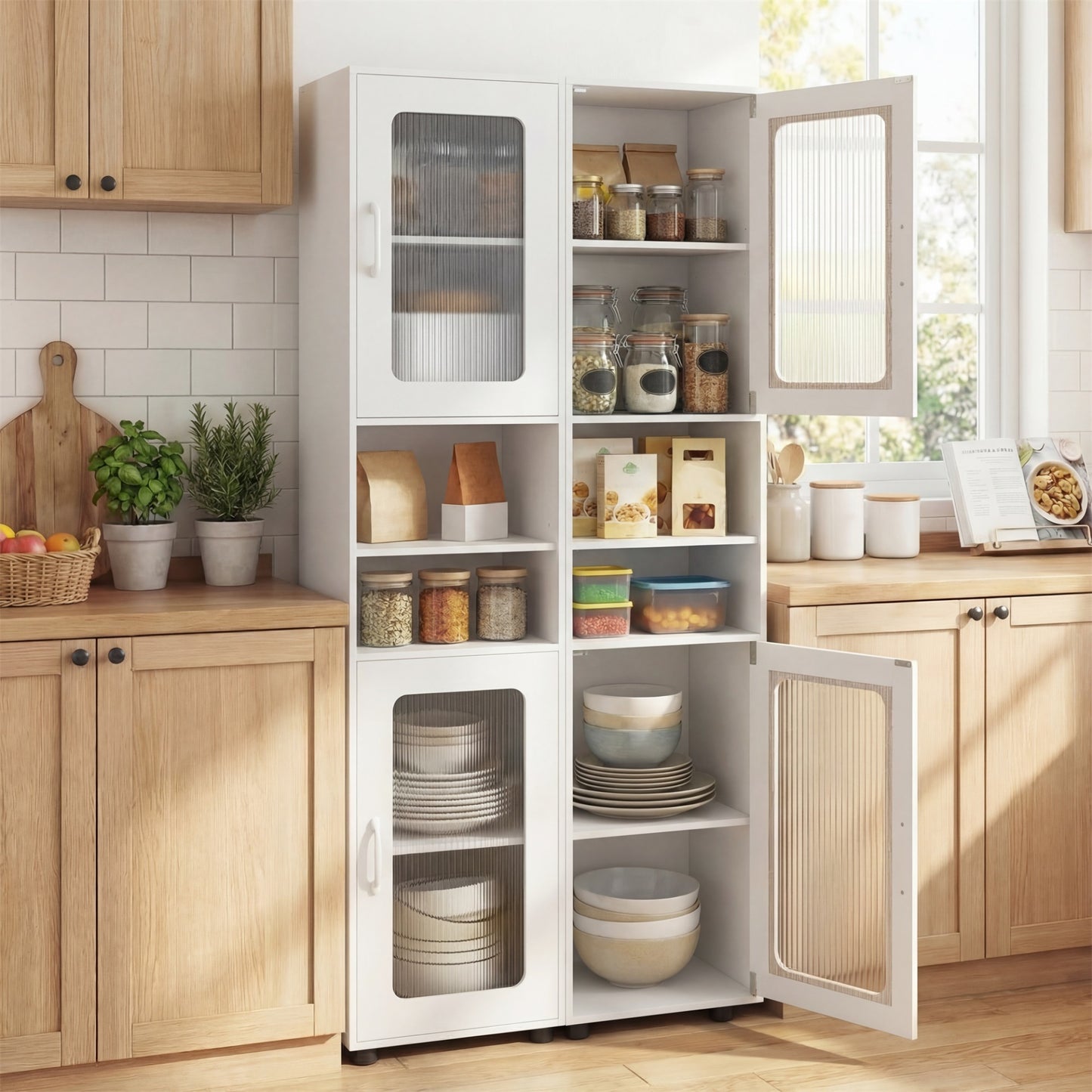 Tall Bathroom Storage Cabinet with Adjustable Shelf for Laundry-White