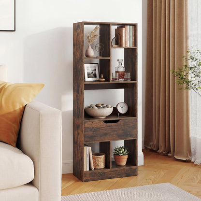 Tall Freestanding Bookshelf with 7 Open Cubes and Anti-toppling Kits for Living Room-Rustic Brown