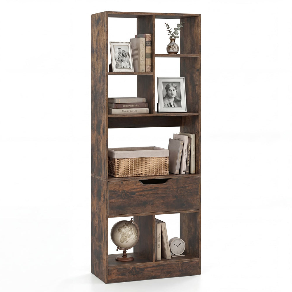 Tall Freestanding Bookshelf with 7 Open Cubes and Anti-toppling Kits for Living Room-Rustic Brown