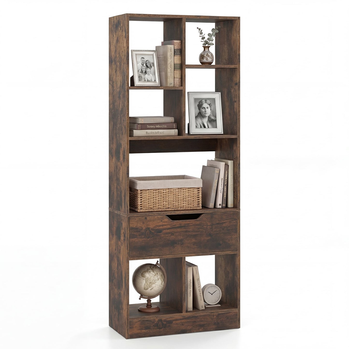 Tall Freestanding Bookshelf with 7 Open Cubes and Anti-toppling Kits for Living Room-Rustic Brown