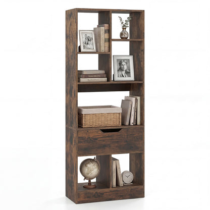 Tall Freestanding Bookshelf with 7 Open Cubes and Anti-toppling Kits for Living Room-Rustic Brown