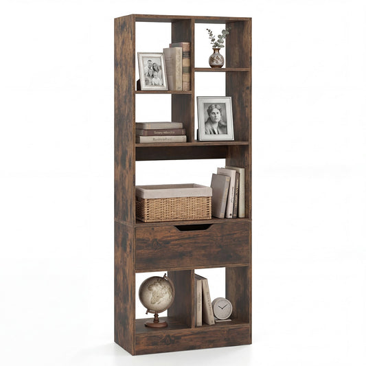 Tall Freestanding Bookshelf with 7 Open Cubes and Anti-toppling Kits for Living Room-Rustic Brown