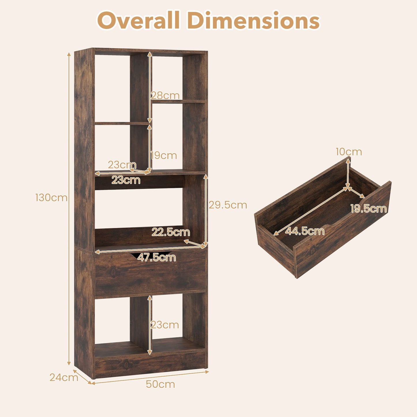 Tall Freestanding Bookshelf with 7 Open Cubes and Anti-toppling Kits for Living Room-Rustic Brown