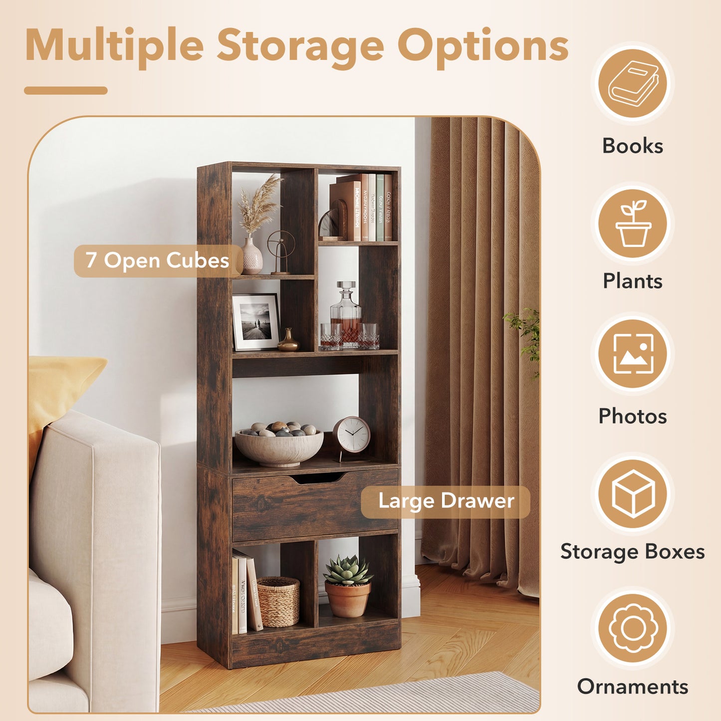 Tall Freestanding Bookshelf with 7 Open Cubes and Anti-toppling Kits for Living Room-Rustic Brown