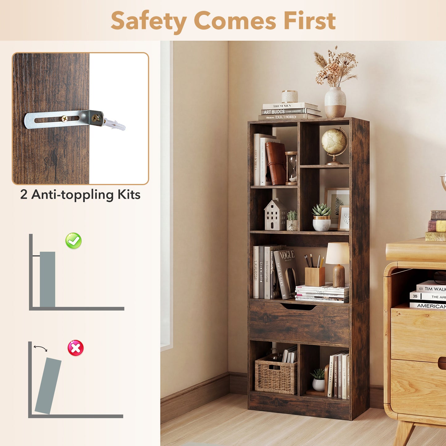 Tall Freestanding Bookshelf with 7 Open Cubes and Anti-toppling Kits for Living Room-Rustic Brown