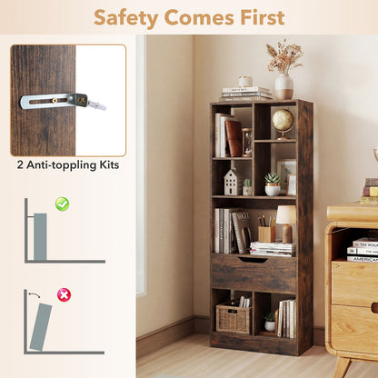 Tall Freestanding Bookshelf with 7 Open Cubes and Anti-toppling Kits for Living Room-Rustic Brown