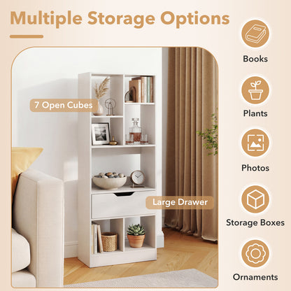 Tall Freestanding Bookshelf with 7 Open Cubes and Anti-toppling Kits for Living Room-White