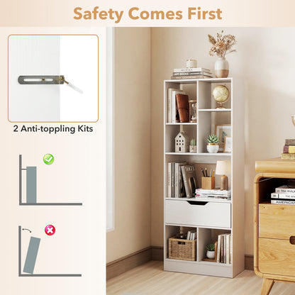 Tall Freestanding Bookshelf with 7 Open Cubes and Anti-toppling Kits for Living Room-White