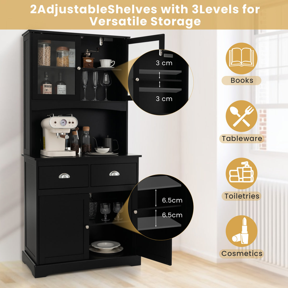 Tall Storage Cabinet with Microwave Stand Tempered Glass Doors and Adjustable Shelves-Black