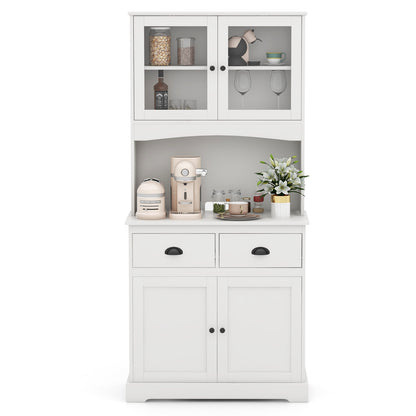 Tall Storage Cabinet with Microwave Stand Tempered Glass Doors and Adjustable Shelves-White